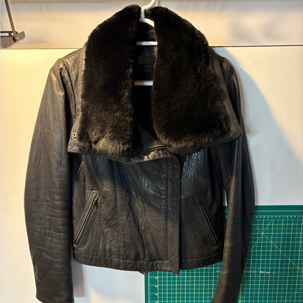 Black Rabbit Fur Collar Leather Jacket